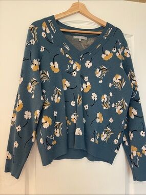 Daniel Rainn Teal Floral V-Neck Sweater with White and Mustard Flowers